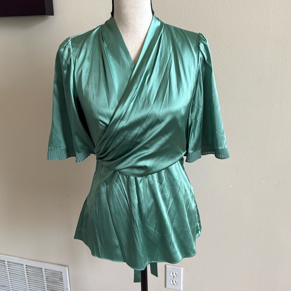 BCBGMaxAzria Green Satin Wrap Top